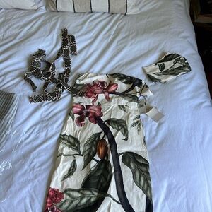NWT Johanna Ortiz Dense Jungle Printed Midi Dress w/ Removable Sleeves & Ribbons